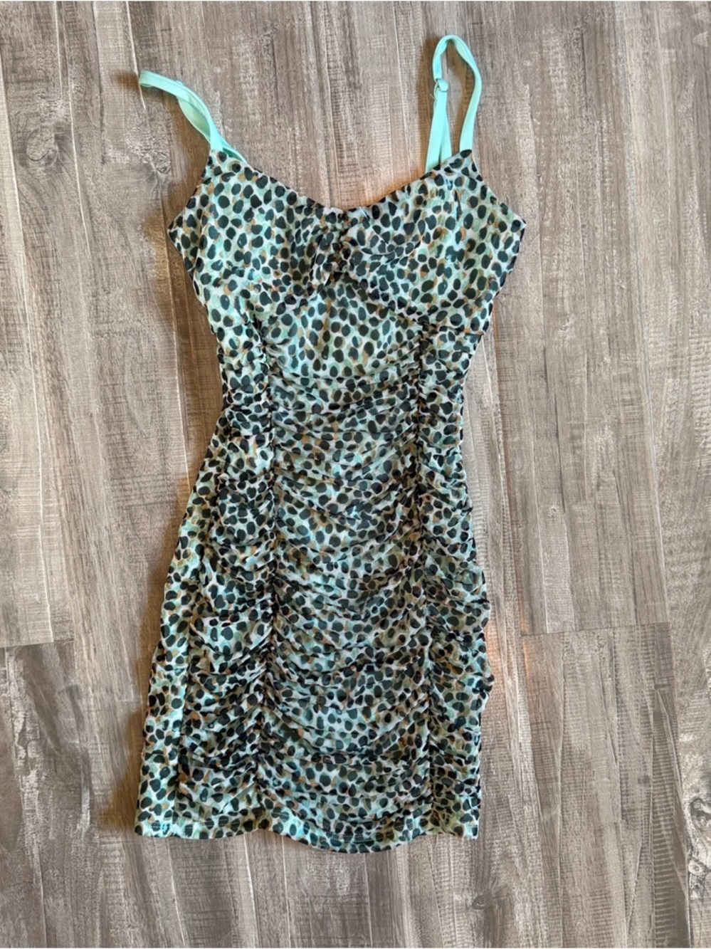 Papaya Mint Leopard-Print Ruched Slip Dress